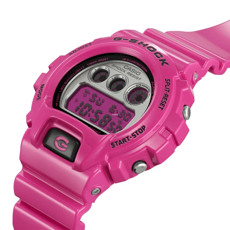 Casio,G-Shock 6900 53.20x50mm,53.20x50mm,Bio-sourced,Resin,Silver,Pink Red,Quartz,Countdown,Chronograph,Month,Date,Hardlex,Round,DW6900RCS,DW6900RCS-4