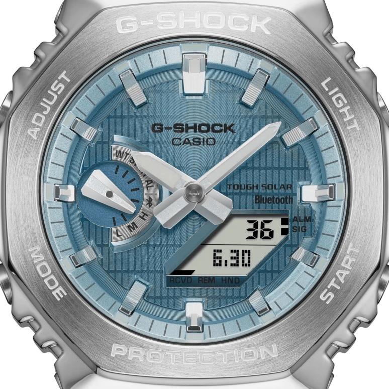 Casio,G-SHOCK 44.40mm,44.40mm,Bio-sourced,Resin,Ice Blue,Quartz,Countdown,Chronograph,Month,Date,Hardlex,Octagon,GBM2100A,GBM2100A-1A2