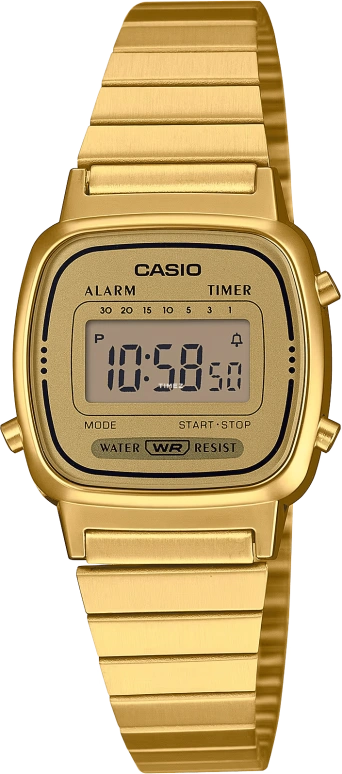 Casio,VINTAGE 30.30x24.60mm,30.30x24.60mm,Resin,Gold,Quartz,Countdown,Chronograph,Month,Date,Plexi,Glass,Square,LA670WGA,LA670WGA-9