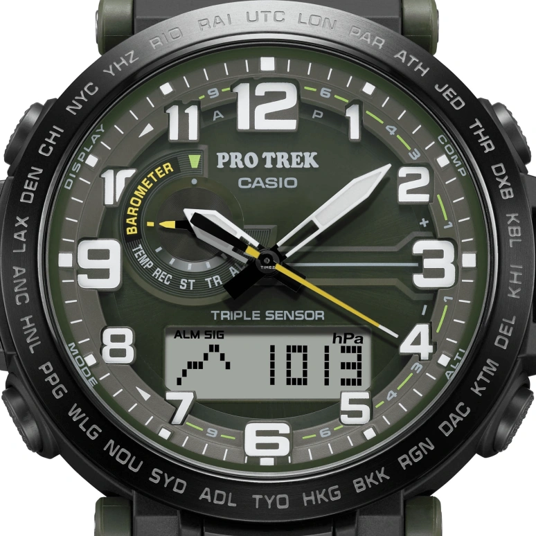 Casio,PROTREK 51.60x51.50mm,51.60x51.50mm,Bio-sourced,Stainless Steel,Grey,Olive Green,Quartz,Countdown,Chronograph,Month,Date,Hardlex,Glass,Round,PRG601YB,PRG601YB-3