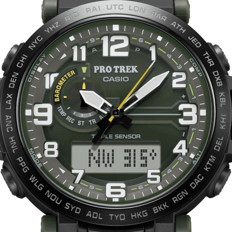 Casio,PROTREK 51.60x51.50mm,51.60x51.50mm,Bio-sourced,Stainless Steel,Grey,Olive Green,Quartz,Countdown,Chronograph,Month,Date,Hardlex,Glass,Round,PRG601YB,PRG601YB-3