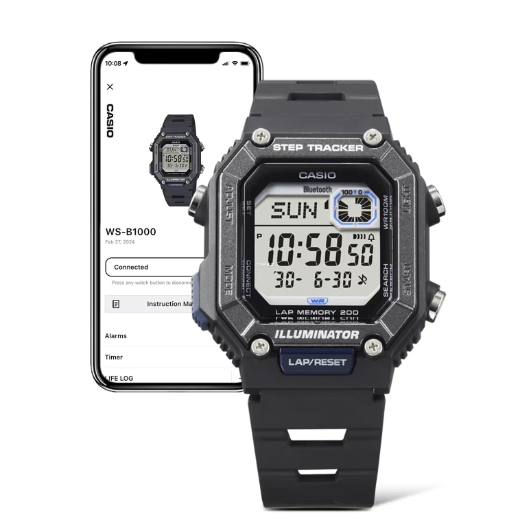 Casio,DIGITAL 46.20x41.30mm,46.20x41.30mm,Resin,Grey,Quartz,Countdown,Chronograph,Month,Date,Plexi,Glass,Square,WSB1000,WSB1000-1AV