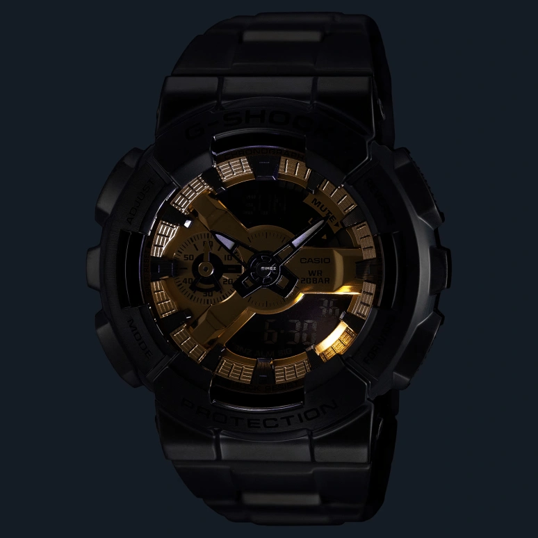 Casio,G-SHOCK 51.90x49.80mm,51.90x49.80mm,Stainless Steel,Resin,Gold,Black,Quartz,Countdown,Chronograph,Month,Date,Hardlex,Round,GM110BD,GM110BD-1A9