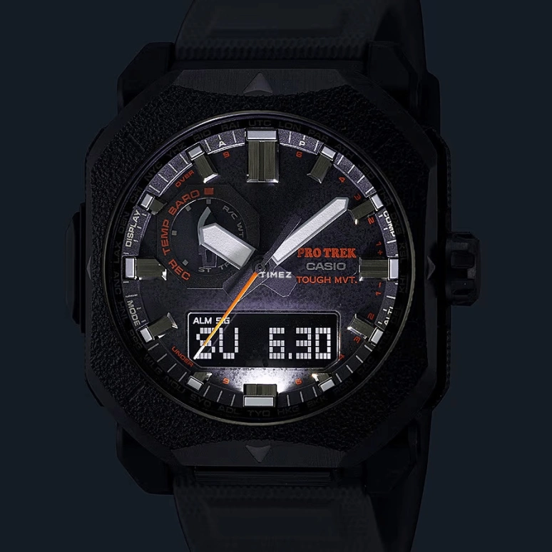 Casio,PROTREK 49.60x44.80mm,49.60x44.80mm,Bio-sourced,Stainless Steel,Black,Quartz,Countdown,Chronograph,Month,Date,Plexi,Glass,Octagon,PRW6900BF,PRW6900BF-1