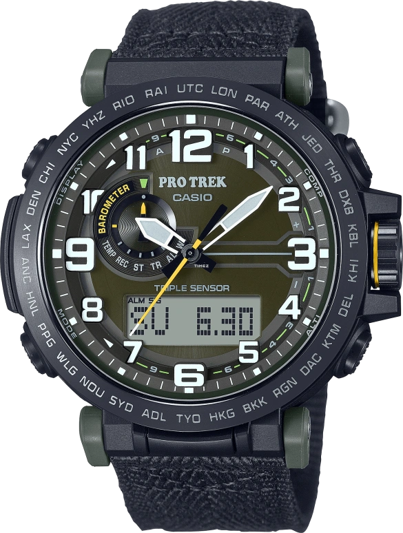Casio,PROTREK 51.60x51.50mm,51.60x51.50mm,Bio-sourced,Stainless Steel,Grey,Olive Green,Quartz,Countdown,Chronograph,Month,Date,Hardlex,Glass,Round,PRG601YB,PRG601YB-3