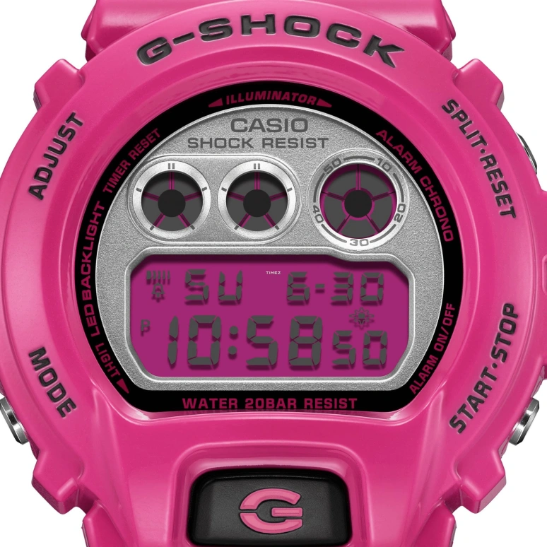 Casio,G-Shock 6900 53.20x50mm,53.20x50mm,Bio-sourced,Resin,Silver,Pink Red,Quartz,Countdown,Chronograph,Month,Date,Hardlex,Round,DW6900RCS,DW6900RCS-4