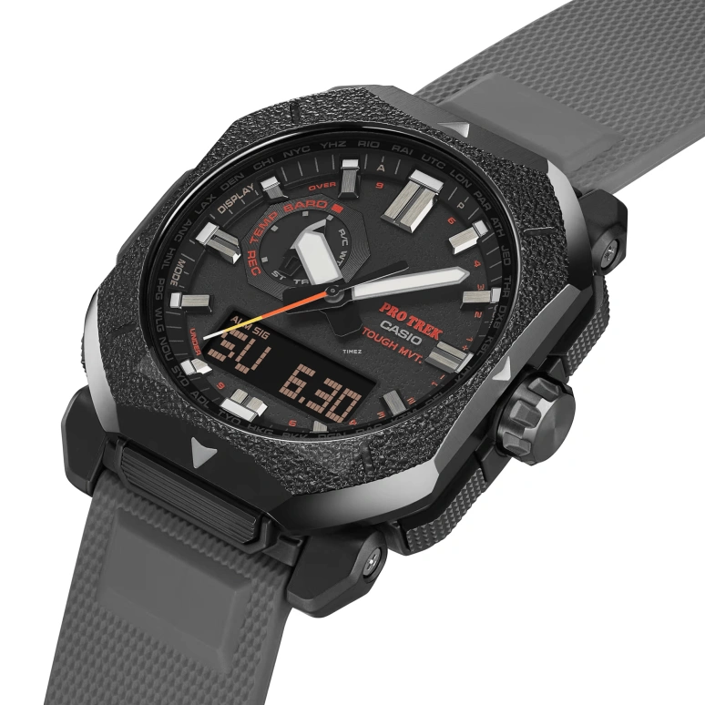 Casio,PROTREK 49.60x44.80mm,49.60x44.80mm,Bio-sourced,Stainless Steel,Black,Quartz,Countdown,Chronograph,Month,Date,Plexi,Glass,Octagon,PRW6900BF,PRW6900BF-1