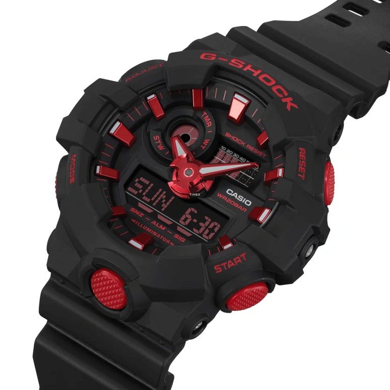 Casio,G-SHOCK 53.40mm,53.40mm,Resin,Black,Red,Quartz,Countdown,Chronograph,Month,Date,Hardlex,Round,GA700BNR,GA700BNR-1A