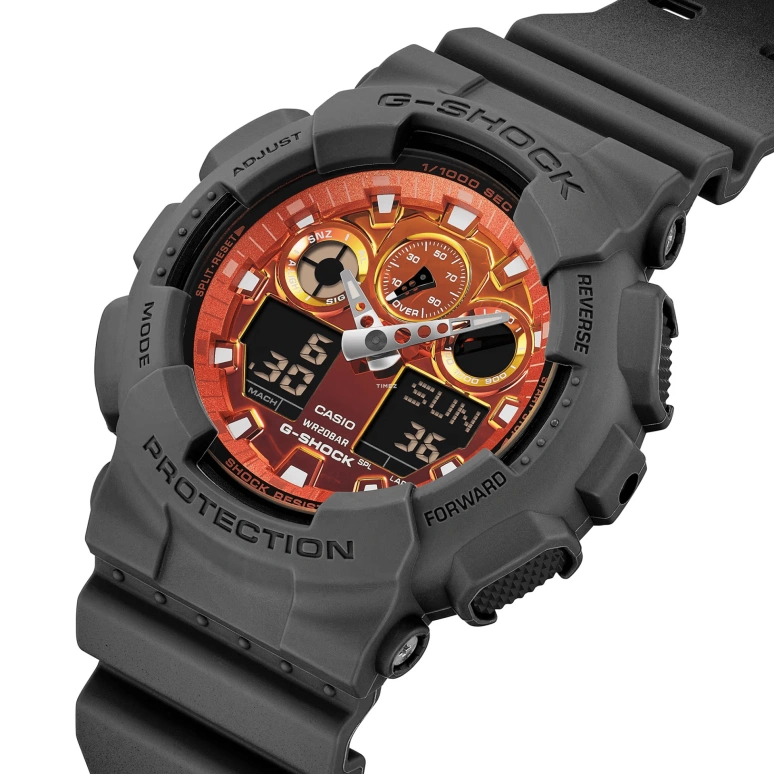 Casio,G-Shock GA-100 51.20mm,51.20mm,Resin,Orange,Quartz,Countdown,Chronograph,Month,Date,Hardlex,Round,GA100FL,GA100FL-8A