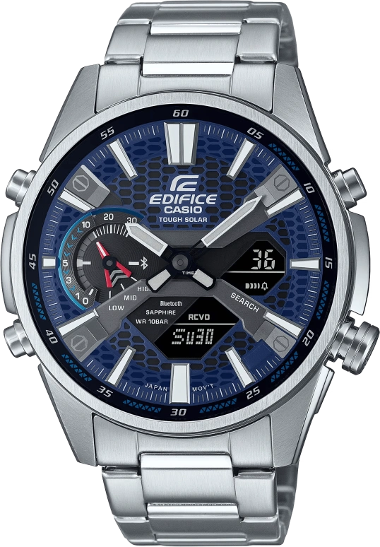 Casio,EDIFICE 50x46mm,50x46mm,Stainless Steel,Blue,Quartz,Countdown,Chronograph,Date,Day,Sapphire,Crystal Glass,Round,ECBS100D,ECBS100D-2A