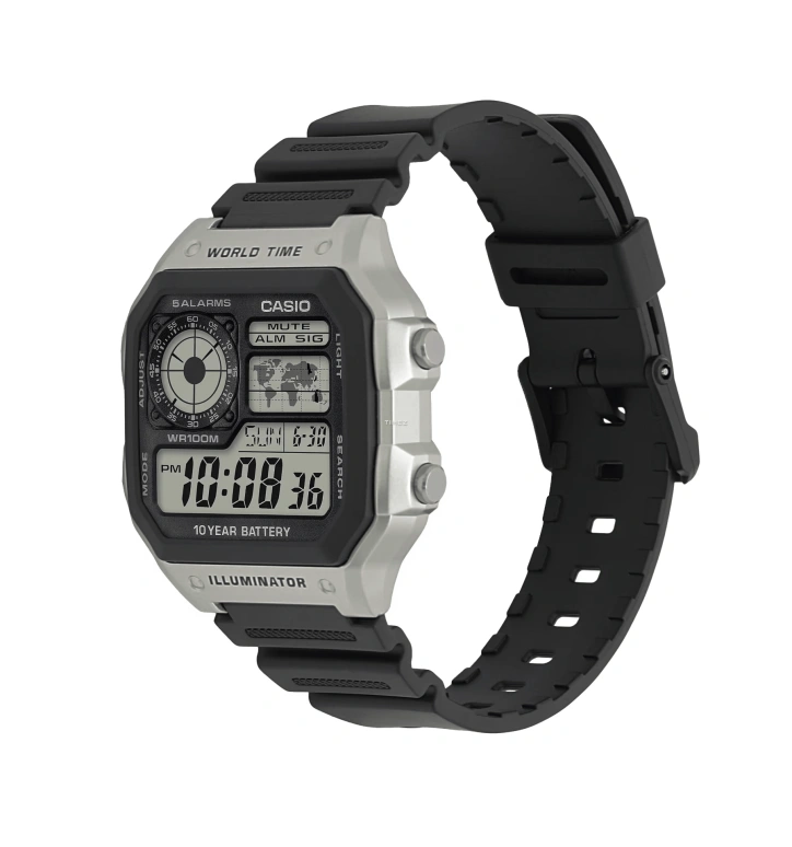 Casio,DIGITAL 45x42.10mm,45x42.10mm,Resin,Black,Grey,Quartz,Chronograph,Month,Date,Day,Plexi,Cushion,AE1200WH,AE1200WH-1CV