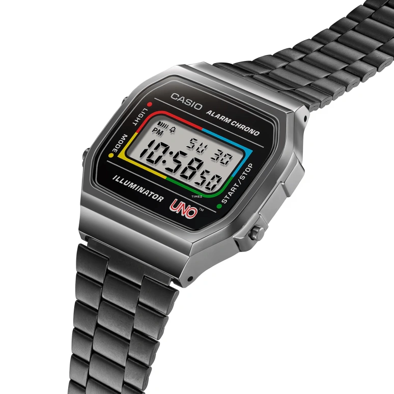 Casio,VINTAGE 38.60x36.30mm,38.60x36.30mm,Resin,Black,Quartz,Chronograph,Date,Day,Hour Strike,Plexi,Glass,Square,A168WEUC,A168WEUC-1A