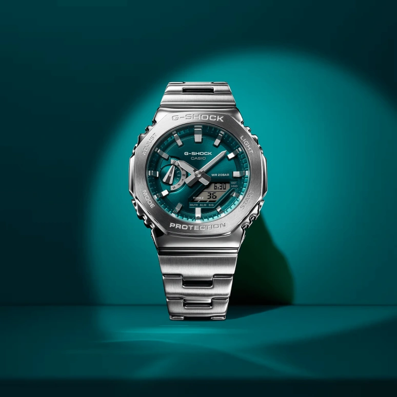 Casio,G-STEEL 49.30x44.40mm,49.30x44.40mm,Stainless Steel,Resin,Green,Quartz,Countdown,Chronograph,Month,Date,Hardlex,Octagon,GM2110D,GM2110D-3A1