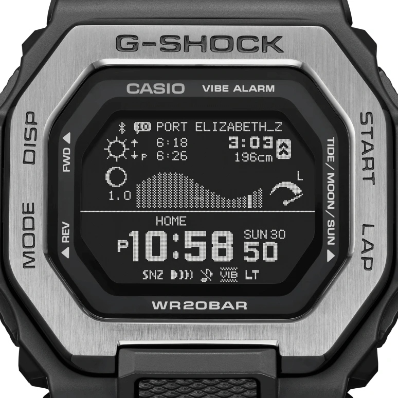 Casio,G-LIDE 50.90x46mm,50.90x46mm,Resin,Stainless Steel,Black,Quartz,Countdown,Chronograph,Month,Date,Hardlex,Square,GBX100TT,GBX100TT-8
