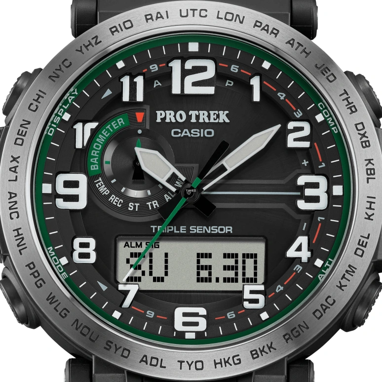 Casio,PROTREK 51.60x51.50mm,51.60x51.50mm,Bio-sourced,Stainless Steel,Black,Quartz,Countdown,Chronograph,Month,Date,Hardlex,Glass,Round,PRG601,PRG601-1