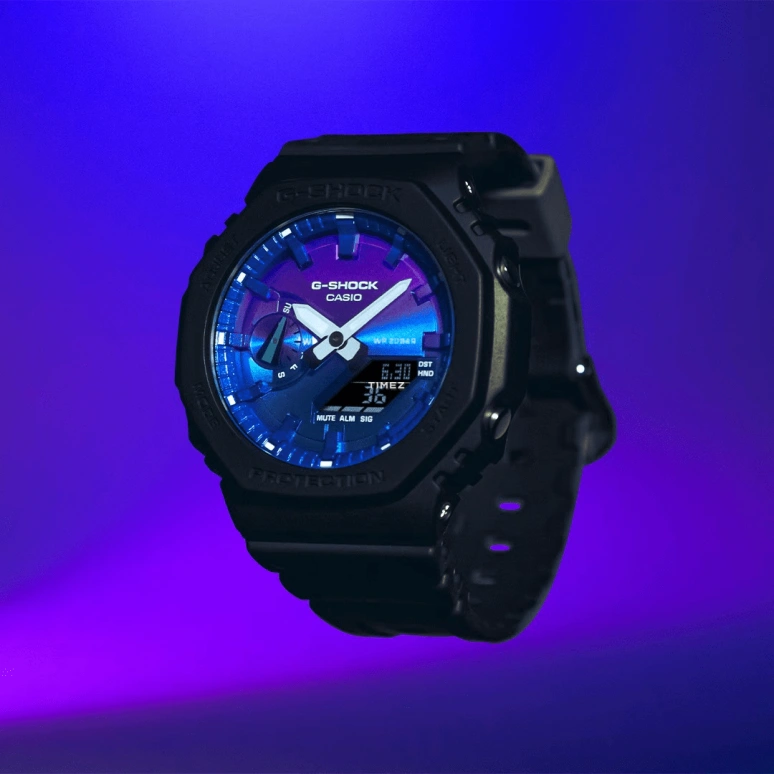 Casio,G-SHOCK 45.40mm,45.40mm,Carbon,Resin,Bio-sourced,Purple,Gradient,Dual,Quartz,Countdown,Chronograph,Month,Date,Hardlex,Octagon,GA2100FL,GA2100FL-1A