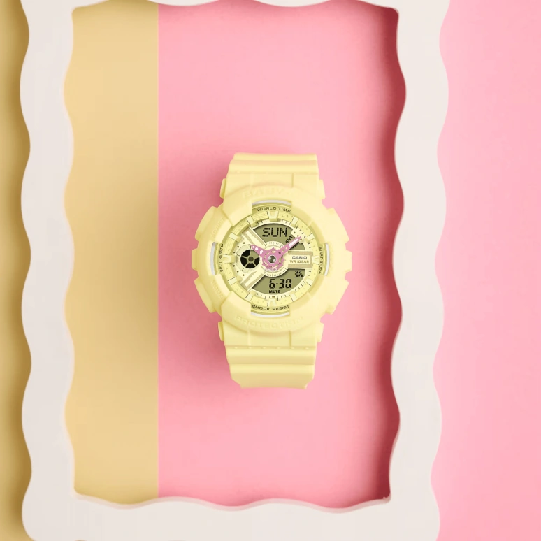Casio,BABY-G 46.30x43.40mm,46.30x43.40mm,Resin,Yellow,Quartz,Countdown,Chronograph,Month,Date,Hardlex,Round,BA110AH,BA110AH-9A
