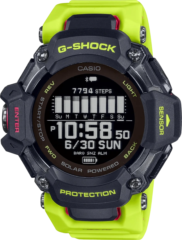 Casio,G-SHOCK 59.60x52.60mm,59.60x52.60mm,Bio-sourced,Resin,Black,Quartz,Countdown,Chronograph,Moonphase,Month,Hardlex,Glass,Round,GBDH2000,GBDH2000-1A9