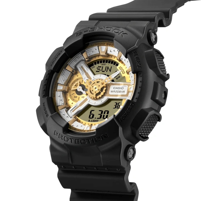 Casio,G-SHOCK 55x51.20mm,55x51.20mm,Resin,Gold,Silver,Quartz,Countdown,Chronograph,Month,Date,Hardlex,Round,GA110CD,GA110CD-1A9