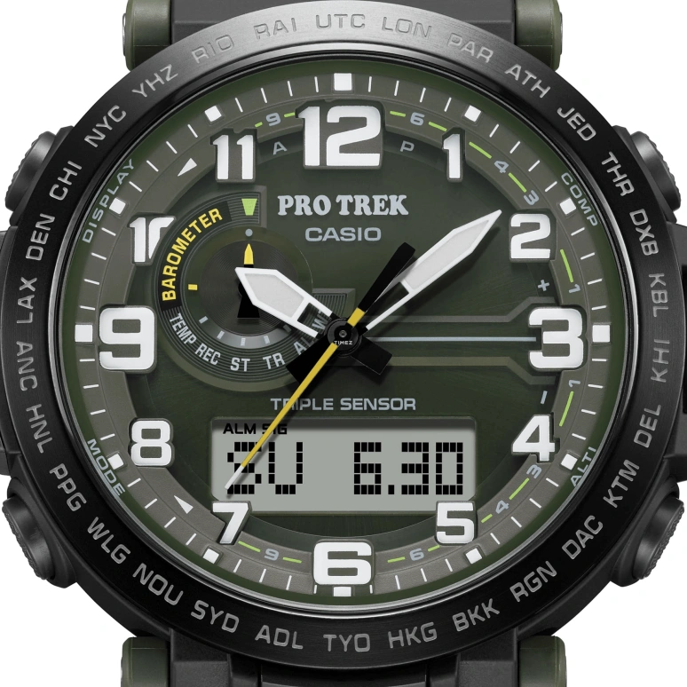 Casio,PROTREK 51.60x51.50mm,51.60x51.50mm,Bio-sourced,Stainless Steel,Grey,Olive Green,Quartz,Countdown,Chronograph,Month,Date,Hardlex,Glass,Round,PRG601YB,PRG601YB-3