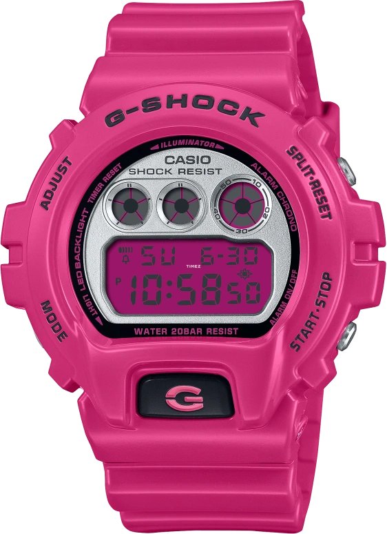 Casio,G-Shock 6900 53.20x50mm,53.20x50mm,Bio-sourced,Resin,Silver,Pink Red,Quartz,Countdown,Chronograph,Month,Date,Hardlex,Round,DW6900RCS,DW6900RCS-4