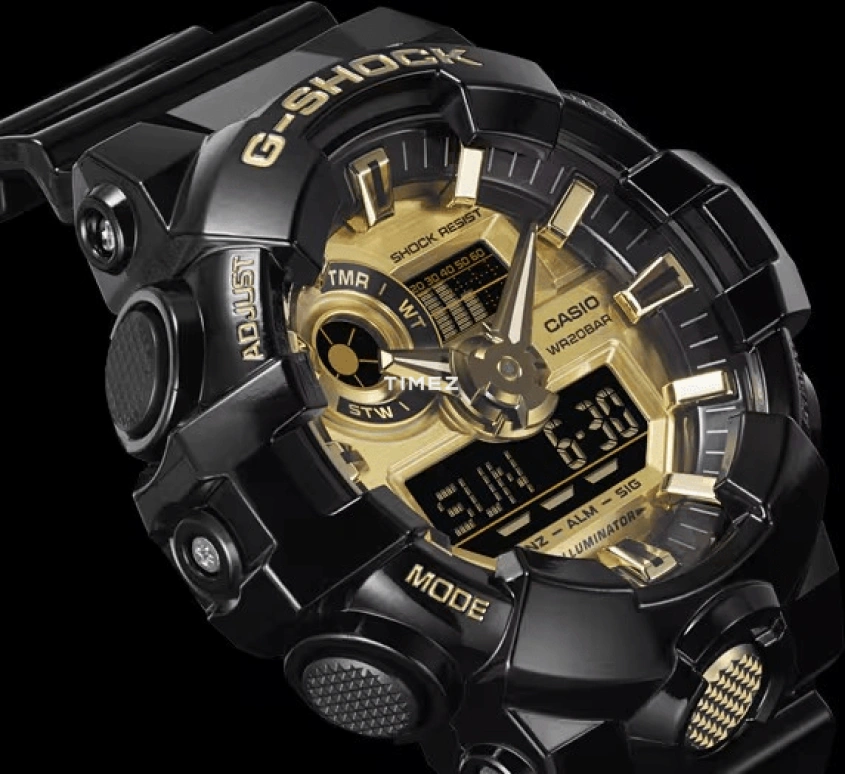 Casio,G-SHOCK 53.40mm,53.40mm,Resin,Gold,Quartz,Countdown,Chronograph,Month,Date,Hardlex,Round,GA710GB,GA710GB-1A