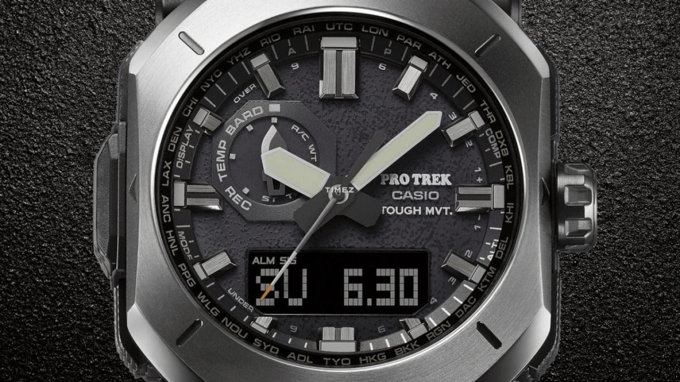 Casio,PROTREK 49.60x44.80mm,49.60x44.80mm,Bio-sourced,Stainless Steel,Black,Quartz,Countdown,Chronograph,Month,Date,Hardlex,Octagon,PRW6900YB,PRW6900YB-3