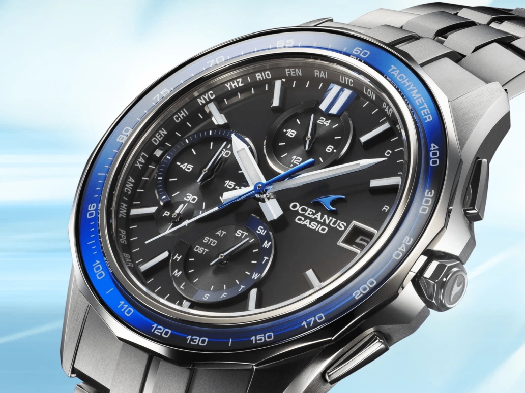Casio,OCEANUS 47.50x42.80mm,47.50x42.80mm,Titanium,Black,Quartz,Chronograph,Date,Day,Power Reserve Indicator,Sapphire,Crystal Glass,Round,OCWS7000,OCWS7000-1A