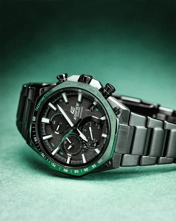 Casio,EDIFICE 51.10x44.60mm,51.10x44.60mm,Stainless Steel,Black,Quartz,Chronograph,Date,Day,Dule Time,Sapphire,Crystal Glass,Octagon,EQB1100XDC1A