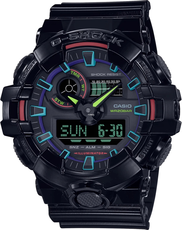 Casio,G-SHOCK 53.40mm,53.40mm,Resin,Black,Quartz,Countdown,Chronograph,Month,Date,Hardlex,Round,GA700RGB,GA700RGB-1A