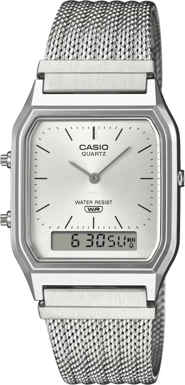Casio,VINTAGE 38.80x29.80mm,38.80x29.80mm,Resin,Silver,Quartz,Chronograph,Month,Date,Day,Plexi,Glass,Square,AQ230EM,AQ230EM-7A