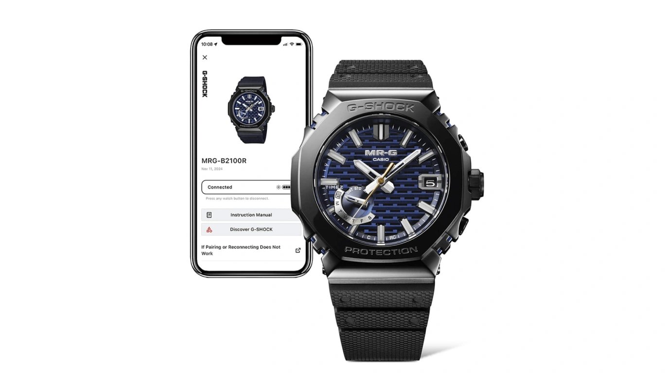 Casio,MR-G 49.50x44.40mm,49.50x44.40mm,Titanium,Cobalt Alloy,Blue,Black,Quartz,Date,Day,Retrograde,MRGB2100R,MRGB2100R-2A
