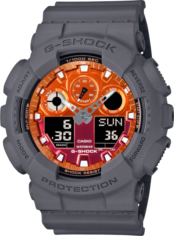 Casio,G-Shock GA-100 51.20mm,51.20mm,Resin,Orange,Quartz,Countdown,Chronograph,Month,Date,Hardlex,Round,GA100FL,GA100FL-8A