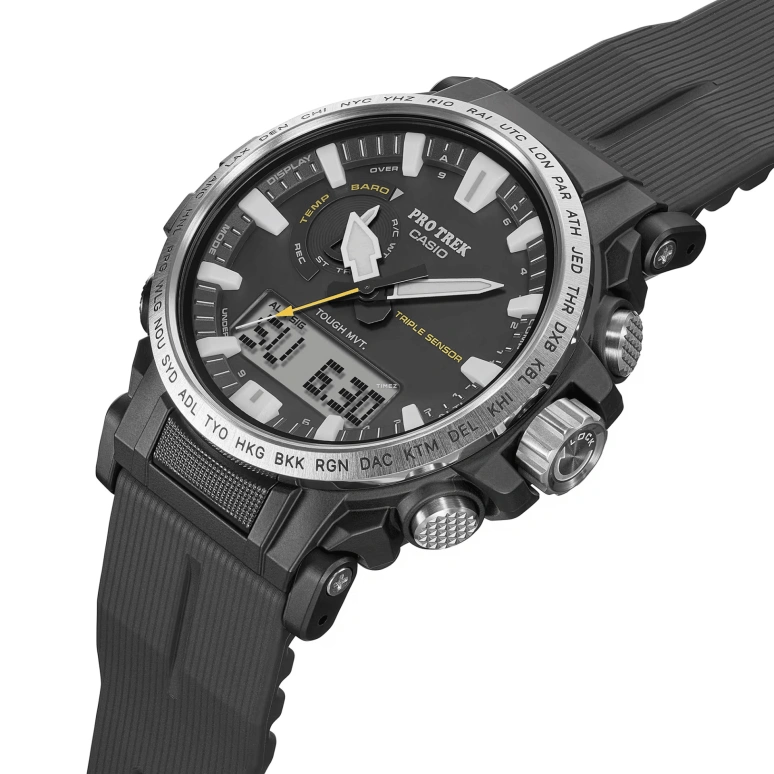 Casio,PROTREK 54.20x47.40mm,54.20x47.40mm,Resin,Stainless Steel,Black,Quartz,Countdown,Chronograph,Month,Date,Hardlex,Round,PRW61,PRW61-1A