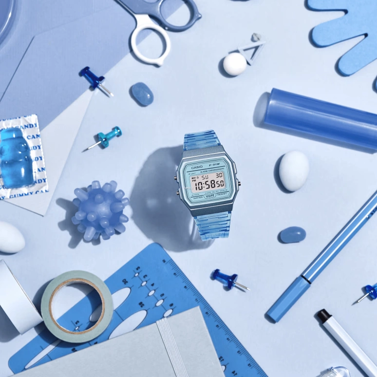 Casio,DIGITAL 38.20x35.20mm,38.20x35.20mm,Resin,Blue,Quartz,Chronograph,Date,Day,Hour Strike,Plexi,Square,F91WS,F91WS-2