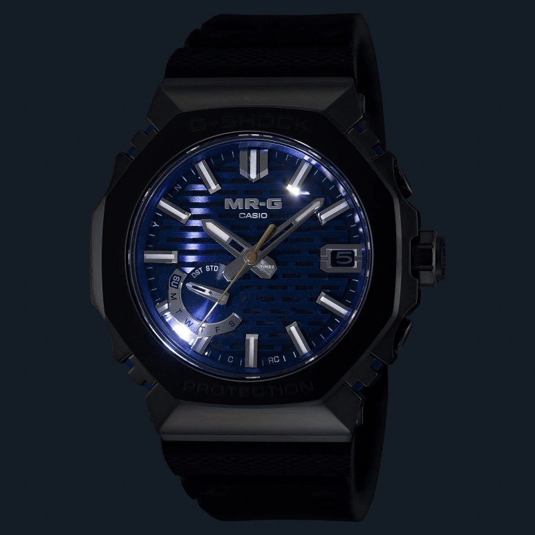 Casio,MR-G 49.50x44.40mm,49.50x44.40mm,Titanium,Cobalt Alloy,Blue,Black,Quartz,Date,Day,Retrograde,MRGB2100R,MRGB2100R-2A