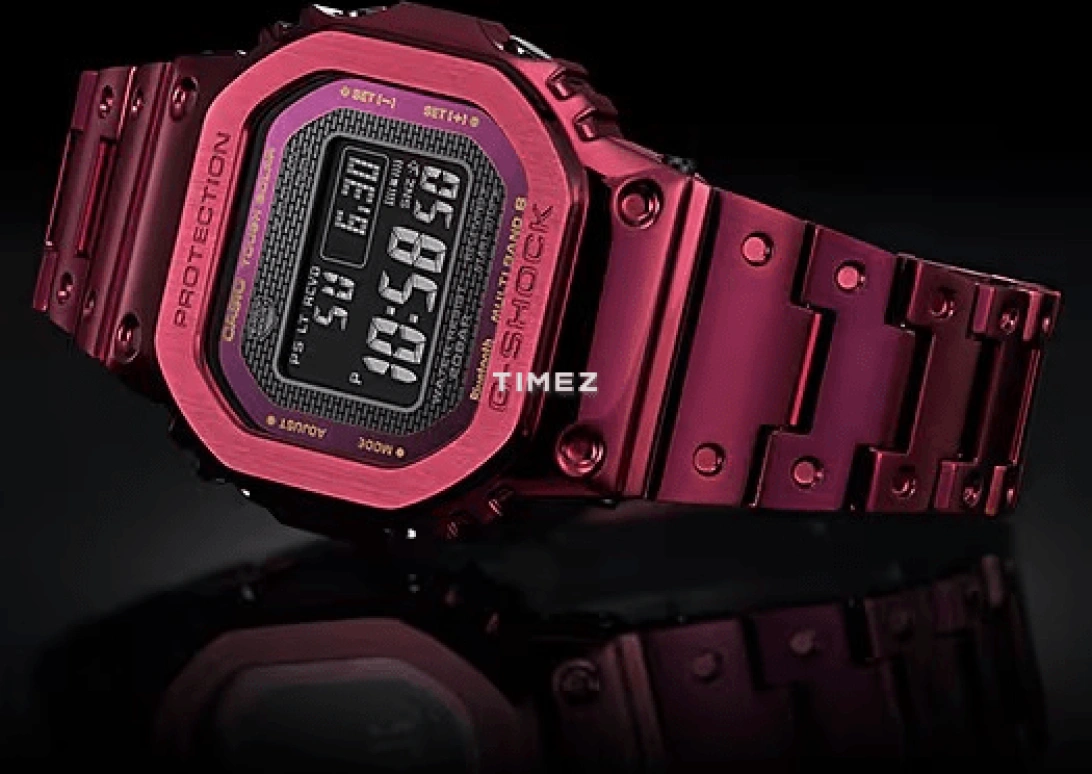 Casio,G-SHOCK 49.30x43.20mm,49.30x43.20mm,Stainless Steel,Red,Quartz,Countdown,Chronograph,Month,Date,Hardlex,Square,GMWB5000RD,GMWB5000RD-4