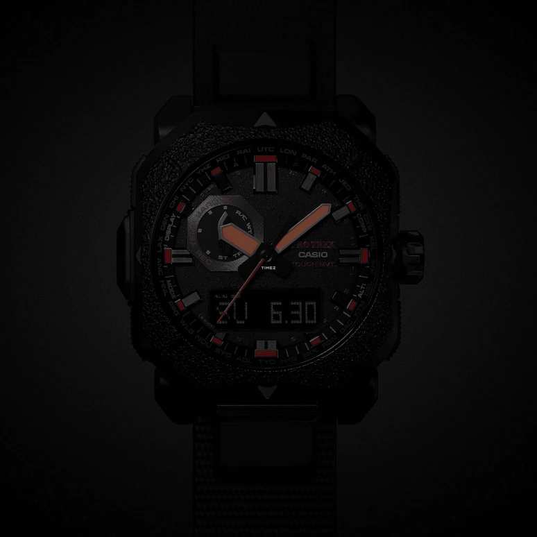 Casio,PROTREK 49.60x44.80mm,49.60x44.80mm,Bio-sourced,Stainless Steel,Black,Quartz,Countdown,Chronograph,Month,Date,Plexi,Glass,Octagon,PRW6900BF,PRW6900BF-1