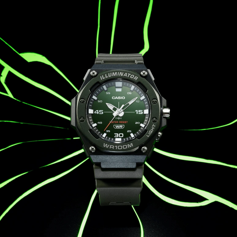 Casio,ANALOGUE 50.50x48.10mm,50.50x48.10mm,Resin,Olive Green,Quartz,Plexi,Glass,Round,MW620H,MW620H-3AV
