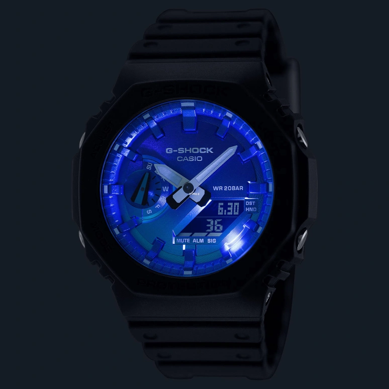 Casio,G-SHOCK 45.40mm,45.40mm,Carbon,Resin,Bio-sourced,Purple,Gradient,Dual,Quartz,Countdown,Chronograph,Month,Date,Hardlex,Octagon,GA2100FL,GA2100FL-1A