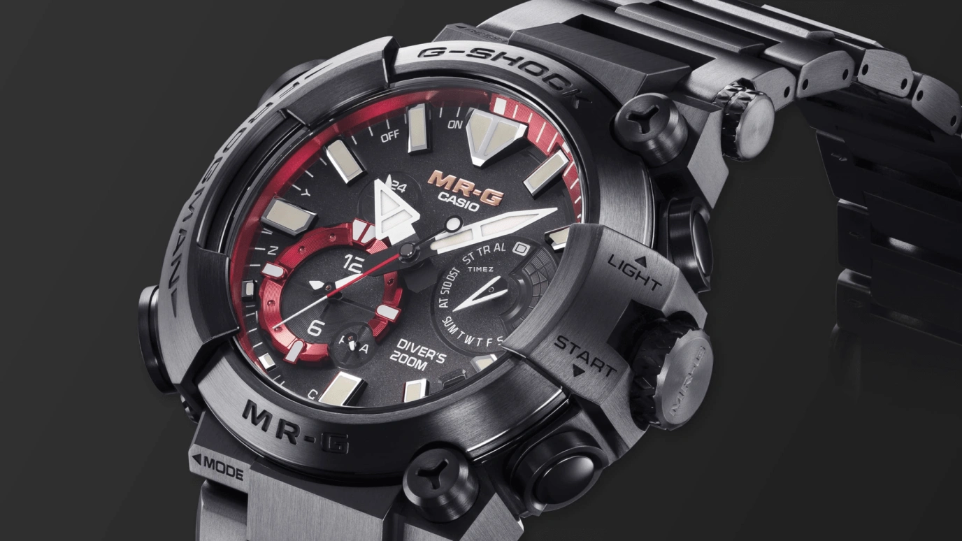 Casio,MR-G 56x49.70mm,56x49.70mm,Titanium,Black,Quartz,Countdown,Chronograph,Month,Date,Sapphire,Glass,Round,MRGBF1000B,MRGBF1000B-1A