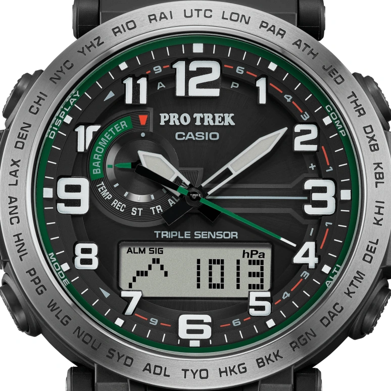 Casio,PROTREK 51.60x51.50mm,51.60x51.50mm,Bio-sourced,Stainless Steel,Black,Quartz,Countdown,Chronograph,Month,Date,Hardlex,Glass,Round,PRG601,PRG601-1
