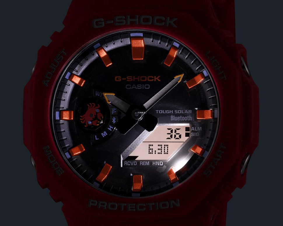 Casio,G-SHOCK 48.50x45.40mm,48.50x45.40mm,Carbon,Bio-sourced,Resin,Red,Quartz,Countdown,Chronograph,Month,Date,Hardlex,Round,GAB2100DF,GAB2100DF-4A