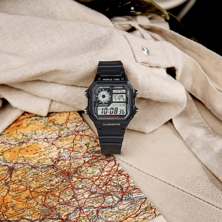 Casio,DIGITAL 45x42.10mm,45x42.10mm,Resin,Black,Grey,Quartz,Chronograph,Month,Date,Day,Plexi,Cushion,AE1200WH,AE1200WH-1A