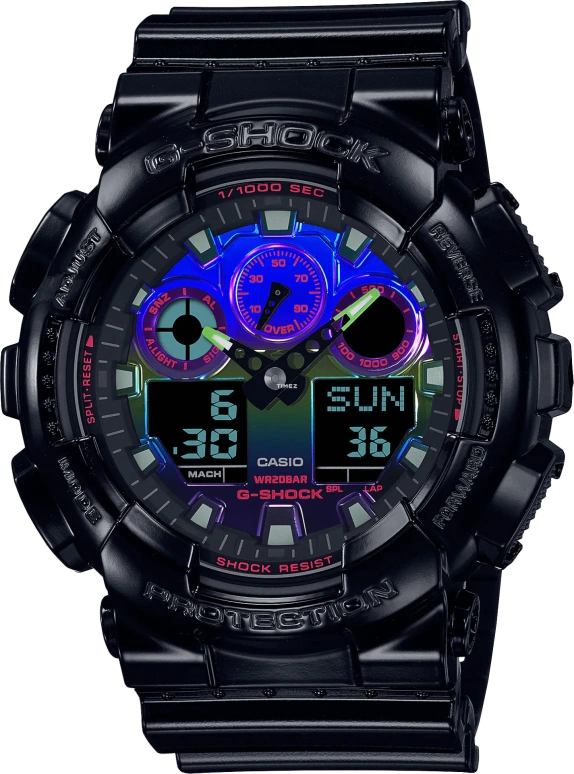 Casio,G-SHOCK 55x51.20mm,55x51.20mm,Resin,Multi-Color,Quartz,Countdown,Chronograph,Month,Date,Hardlex,Round,GA100RGB,GA100RGB-1A