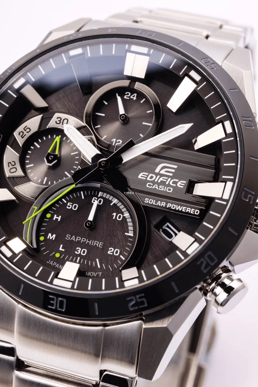 Casio,EDIFICE 45.50mm,45.50mm,Stainless Steel,Black,Quartz,Chronograph,Day,Power Reserve Indicator,Solar Charging,Hardlex,Round,EQS940DB,EQS940DB-1AV