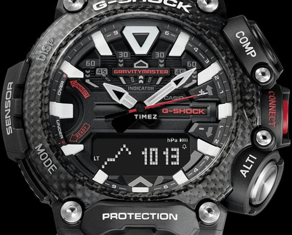 Casio,MASTER OF G - AIR 63x54.10mm,63x54.10mm,Carbon fiber-reinforced resin,Black,Quartz,Countdown,Chronograph,Month,Date,Hardlex,Round,GRB200,GRB200-1A