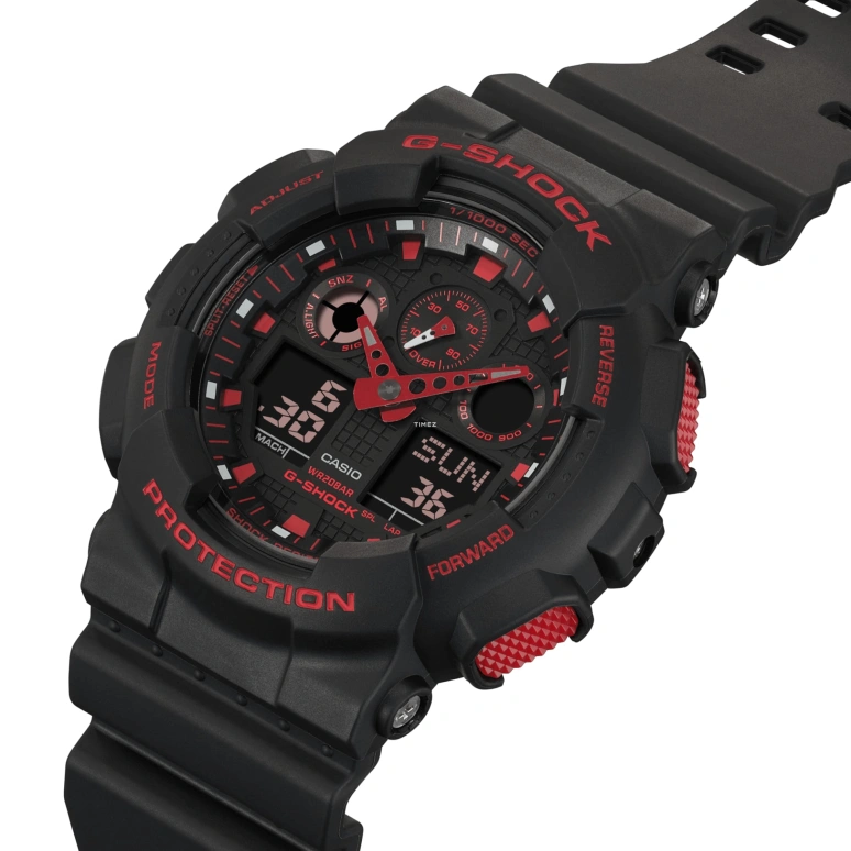 Casio,G-SHOCK 55x51.20mm,55x51.20mm,Resin,Black,Red,Quartz,Countdown,Chronograph,Month,Date,Hardlex,Round,GA100BNR,GA100BNR-1A