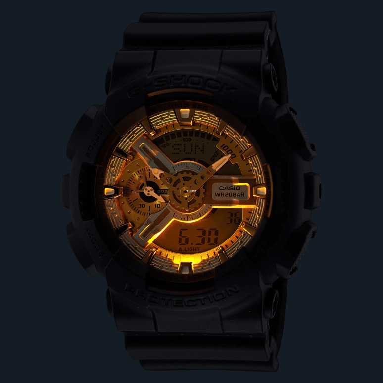 Casio,G-SHOCK 55x51.20mm,55x51.20mm,Resin,Gold,Silver,Quartz,Countdown,Chronograph,Month,Date,Hardlex,Round,GA110CD,GA110CD-1A9
