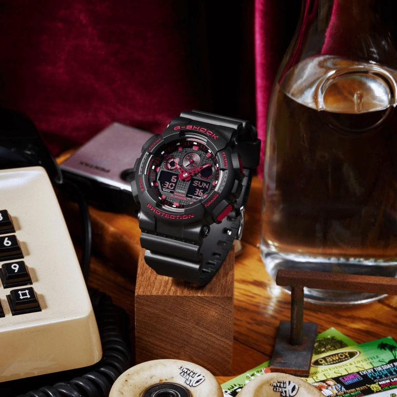 Casio,G-SHOCK 55x51.20mm,55x51.20mm,Resin,Black,Red,Quartz,Countdown,Chronograph,Month,Date,Hardlex,Round,GA100BNR,GA100BNR-1A